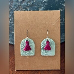 Handmade Green & Magenta Clay Earrings with Magenta Tassel